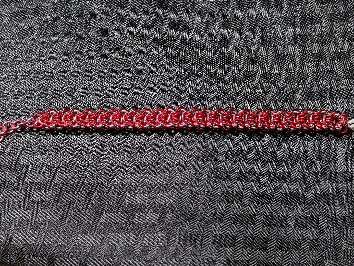 Chainmaille Elf Braid Weave Bracelet in Silver, Red, and Pink