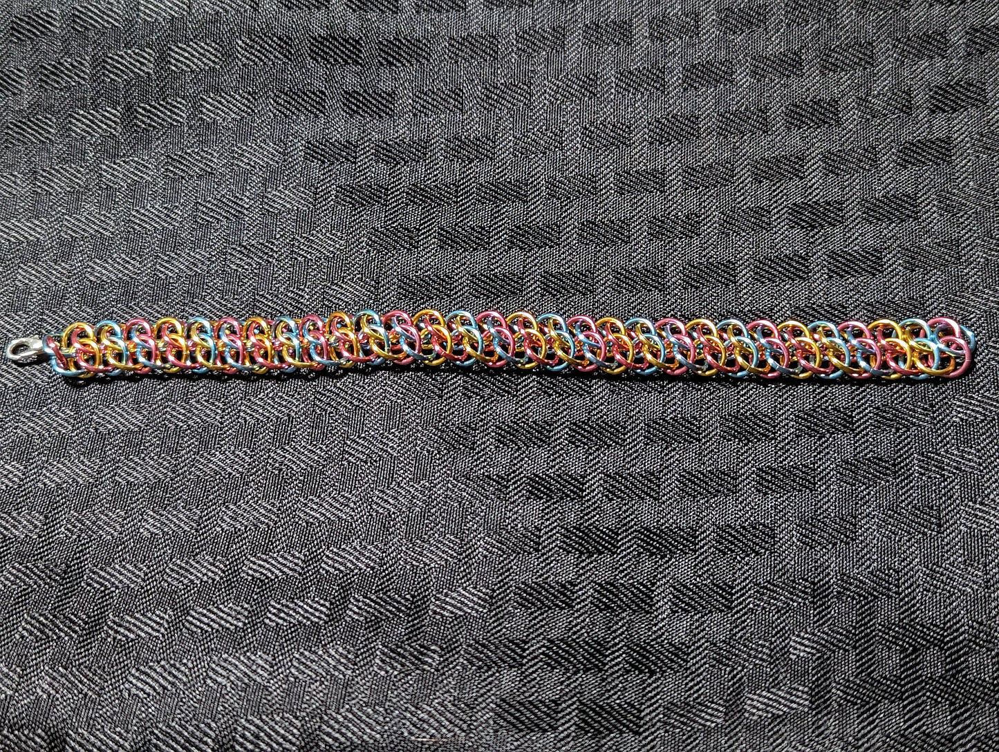 Chainmaille Metropolis Weave Bracelet in Pink, Yellow, and Light Blue (Pan Pride)