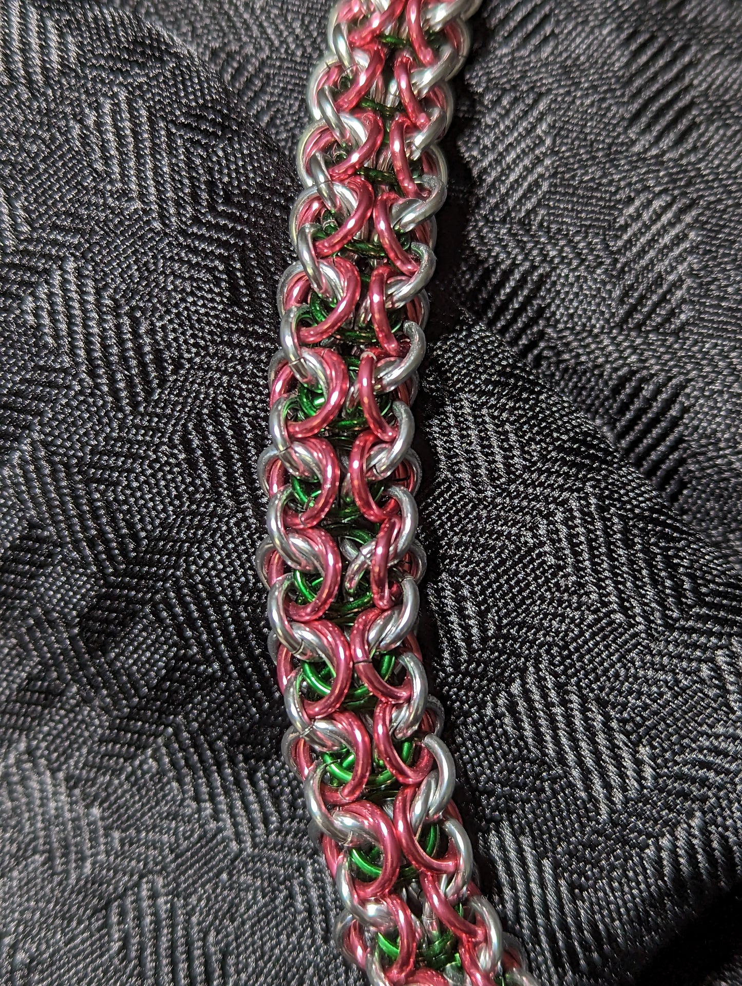 Chainmaille Elf Braid Weave Bracelet in Silver, Green, and Pink