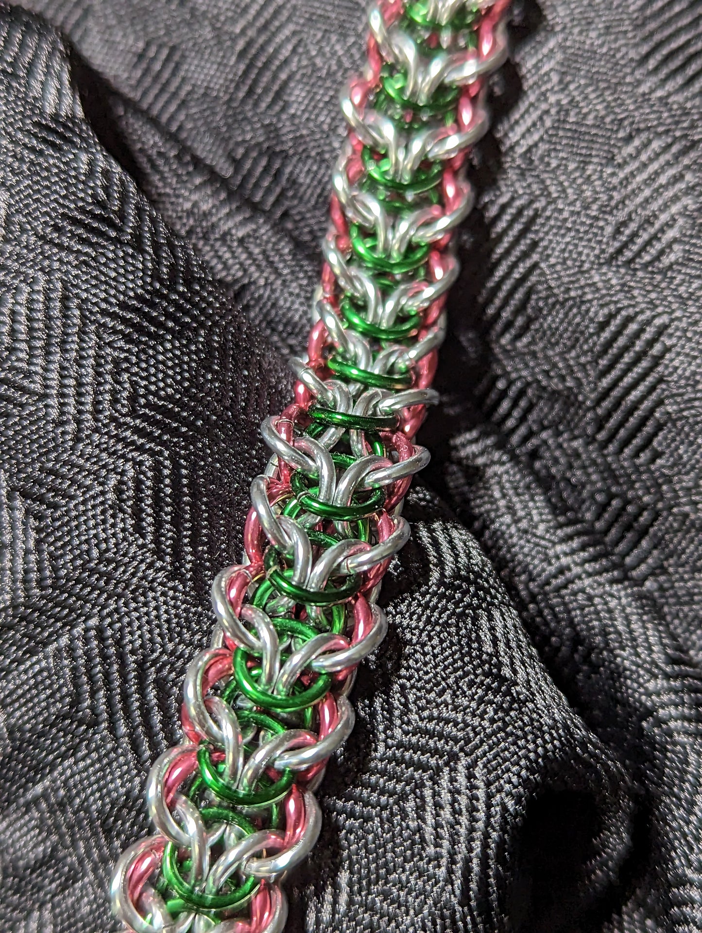 Chainmaille Elf Braid Weave Bracelet in Silver, Green, and Pink