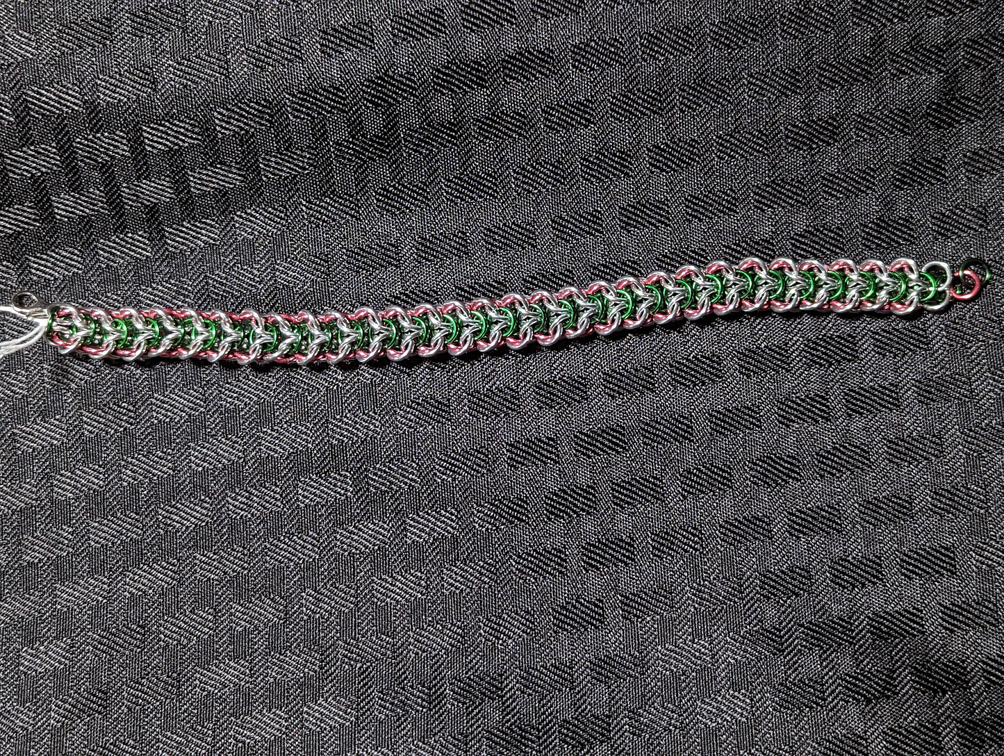 Chainmaille Elf Braid Weave Bracelet in Silver, Green, and Pink