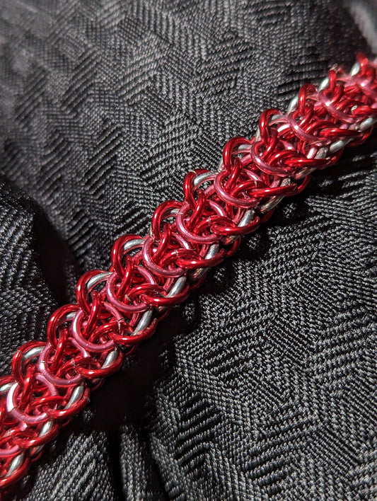 Chainmaille Elf Braid Weave Bracelet in Silver, Red, and Pink