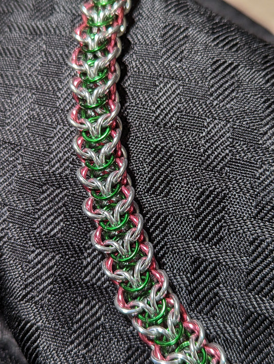 Chainmaille Elf Braid Weave Bracelet in Silver, Green, and Pink